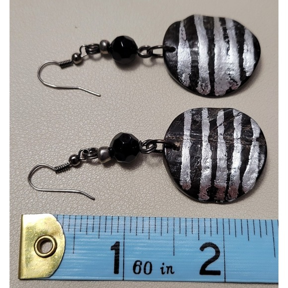 Vintage Black and Silver Zebra Dangle Beaded Over 2" Long Earrings - Picture 3 of 3
